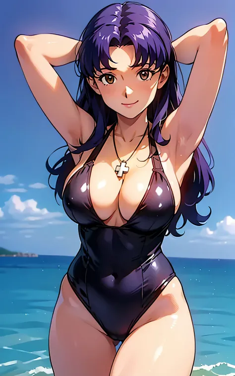 realisticlying，extremely detailed CG、high resolution、absurderes:1.6、detailed background:1.3、beautiful detailed hair、1woman, attire: Red jacket,、jacker, middlebreast、((brown-eyed、black swimsuit、)), Purple hair, long Hair, cross necklace, slim waist、((Misato...