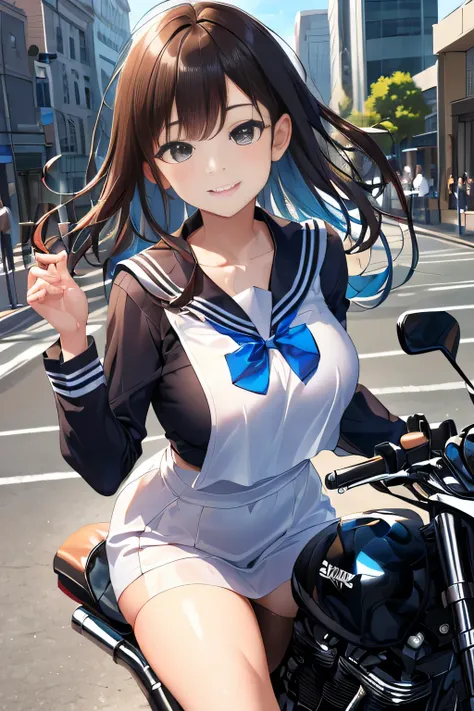 big and full breasts、(((A transparent white sailor suit that sticks to the chest,school uniform:1.7))),(((A woman wearing a transparent sailor suit:1.7 ))),(((A woman riding a colorful custom-painted motorcycle through the city:1.7))), Shiny light brown an...