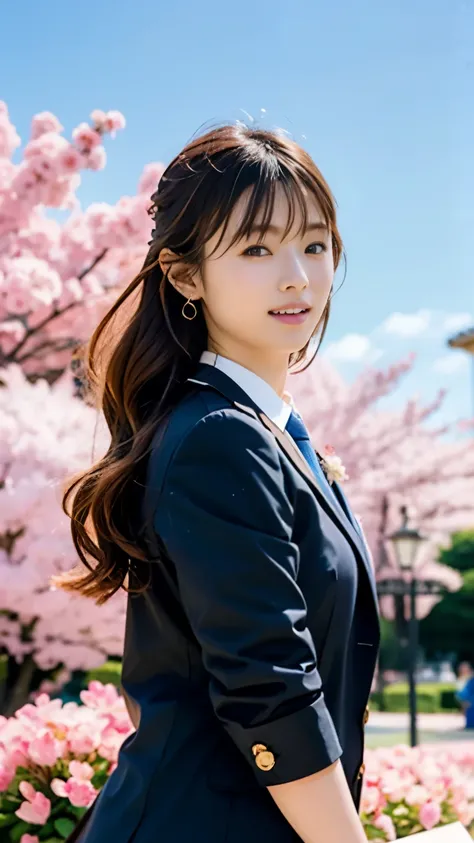 (((perfect anatomy))),Take a graduation photo at the university&#39;s magnificent main gate with cherry blossoms in full bloom,(Looks great in a navy blue recruit suit),(A beautiful 20-year-old female college student poses while holding her diploma with bo...