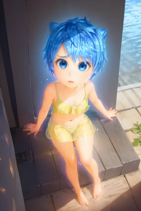 masterpiece, best quality, (((Joy_InsideOut, yellow skin, blue eyes, blue pixie cut hair))), Pixar, cartoony, 3D Rendering, bare footed, Sunlight, (parted lips:1.4), (nose blush:1.2), foreshortening, blackcutoffs, (eye contact), high contrast, ultra high r...