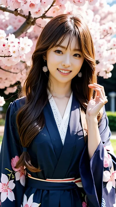 (((perfect anatomy))),Taking a graduation photo at the main gate of the university where the cherry blossoms are in full bloom.,(An expensive-looking purple hakama goes well with the navy blue formal kimono.),(A beautiful 20-year-old female college student...