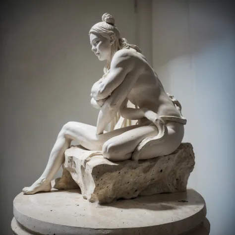 A statue made of marble. arafed sculpture of a man sitting. the marble is excavated and there are many small caves with people inside intent in their activities as in a crib. thinker, marble sculptures, amazing concrete sculpture, intricate 3 d sculpture, ...