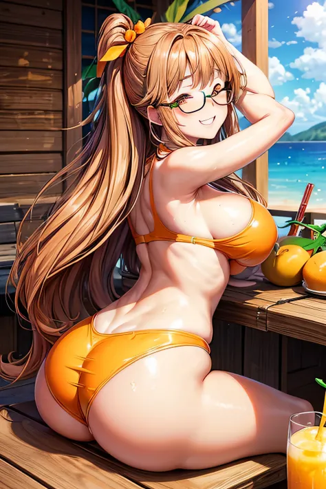 High resolution, high quality, 1 girl, anime girl, brown long hair, brown eyes,heart-shaped pupil, Green glasses,closed one eye,clenched teeth, tanned skin, big breasts,beautiful breasts, (big ass),beautiful butt,ピンクのハイレグwater着,sitting,arm behind head,(lem...