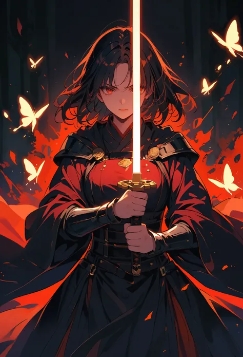 dark atmosphere，dark background，female swordsman in the dark，glowing golden sword，lightsaber，invisible face，sword in both hands，...