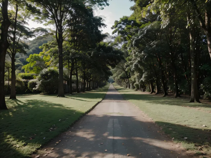 crie uma paisagem, where there is a sidewalk as a highlight, e no fundo, um bosque, semelhante ao encontrado em cidades