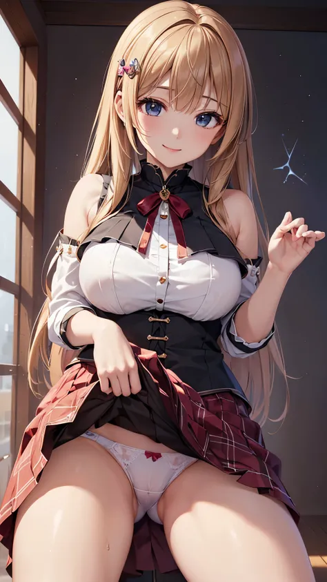 ((highest quality、High resolution、Highly detailed CG Unity 8K wallpaper))、detailed face、perfect body、unparalleled beauty、beautiful breasts、open your legs、shy smile、I&#39;m seducing you、((She lifts up her skirt and shows her panties))