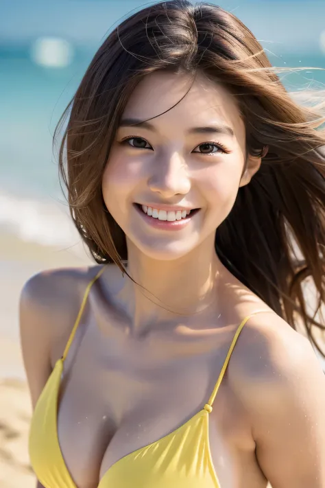 masterpiece, highest quality, Photoreal, Super detailed, finely, High resolution, 8k wallpaper, Professional, Advanced level of detail, College girls having fun on the sandy beach, slender Japanese woman, ((facing the front)), detailed clavicle, Medium che...