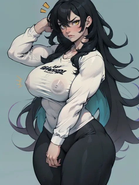 huge breasts pale skin very long hair black hair yellow eyes sad blushing solo frown very long hair very long hair leggings tight tshirt long sleeves 