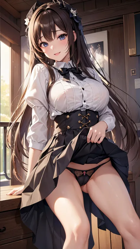 ((highest quality、High resolution、Highly detailed CG Unity 8K wallpaper))、detailed face、perfect body、unparalleled beauty、beautiful breasts、open your legs、shy smile、I&#39;m seducing you、Im inviting you to have sex、((She lifts up her skirt and shows her pant...