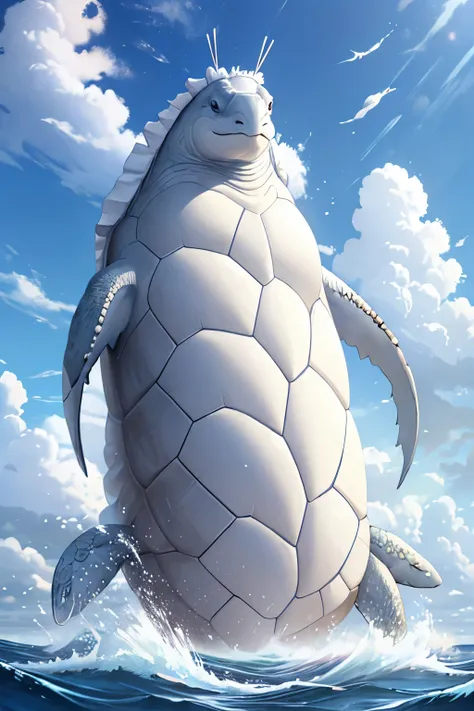 mythical beast that is protector of the seas, head and tail of beluga with body and shell of a turtle.