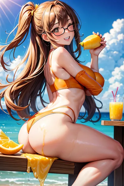 High resolution, high quality, 1 girl, anime girl, brown long hair, brown eyes,heart-shaped pupil, Green glasses,closed one eye,clenched teeth, tanned skin, big breasts,beautiful breasts, (big ass),beautiful butt,ピンクのハイレグwater着,sitting,(drink a lot of juic...