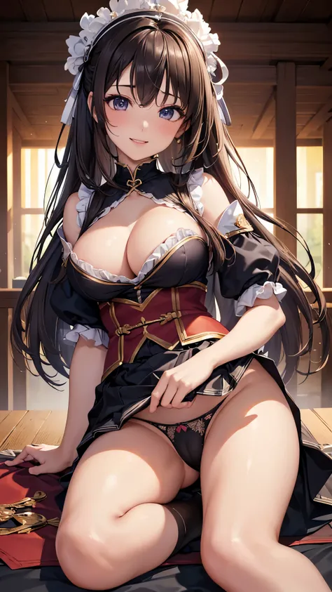 ((highest quality、High resolution、Highly detailed CG Unity 8K wallpaper))、detailed face、perfect body、unparalleled beauty、beautiful breasts、open your legs、shy smile、I&#39;m seducing you、Im inviting you to have sex、((She lifts up her skirt and shows her pant...