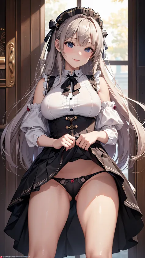 ((highest quality、High resolution、Highly detailed CG Unity 8K wallpaper))、detailed face、perfect body、unparalleled beauty、beautiful breasts、open your legs、shy smile、I&#39;m seducing you、Im inviting you to have sex、((She lifts up her skirt and shows her pant...