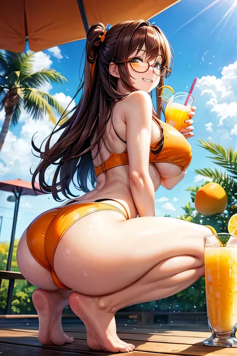 High resolution, high quality, 1 girl, anime girl, brown long hair, brown eyes,heart-shaped pupil, Green glasses,closed one eye,clenched teeth, tanned skin, big breasts,beautiful breasts, (big ass),beautiful butt,白いスクールwater着,squat,(drink a lot of juice),(...