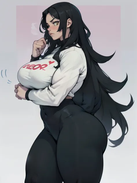 huge breasts pale skin very long hair black hair yellow eyes sad blushing solo frown very long hair very long hair leggings tight tshirt long sleeves slim fit lean