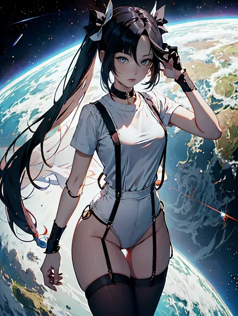 anime women in white shirt , stocking suspenders, mona genshin impact, perfect things, monochrome photo , Best Wallpaper, best hands anatomy, model fingers , Mona genshin impact, dynamic physics level, astrology in space , ultimate power Mona, black hole b...