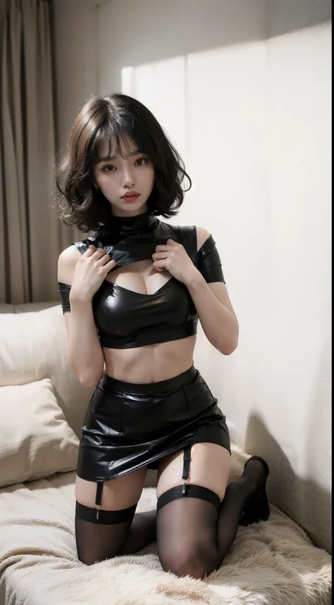 arafed asian woman in a tight white shirt and tiny black leather skirt kneeling on a bed, very sexy pose, elegant seducing pose, sexy look, sultry body, ((tight black skirt|tiny skirt| leather miniskirt)), ((huge breasts|tight white shirt|cleavage)), ((bla...