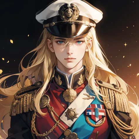 A Young Man in Military Uniform, Blonde with Long Hair Obscuring His Eyes:
(ultra-detailed, slim but muscular build and small waist, long hair reaching down to his collar, obscuring his eyes)

This young man stands tall and proud in his military uniform. H...