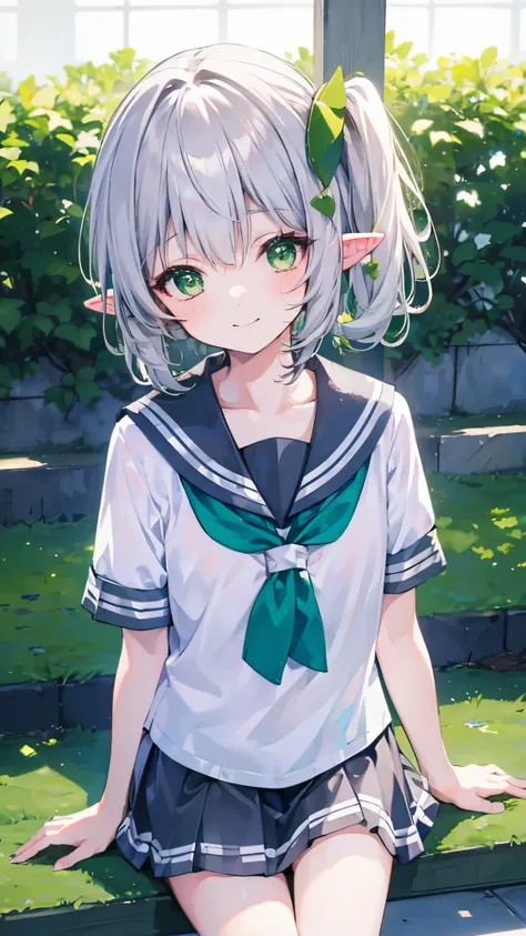 nahida, short girl, masterpiece, highres, solo, 8k, detailed, perfect face, (ultra high quality), looking viewers, collarbone, silver hair, short hair, side ponytail hair, green eyes, spike ears, sailor uniform, white uniform, seifuku uniform, skirt, smile...