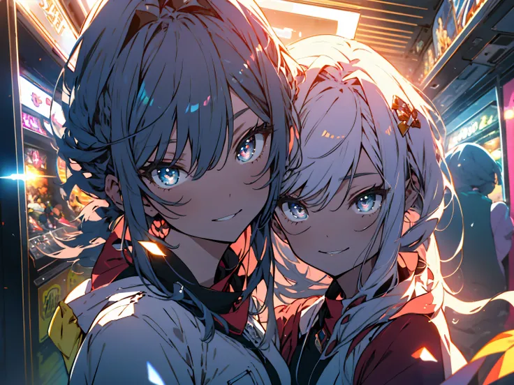 (highest quality, masterpiece, High resolution, be familiar with), (shining eyes, be familiar with beautiful face), 8K, (Two cute high school girls), (Play with UFO Catcher), (friends enjoying together), (In the arcade), (Beautiful animations), bright atmo...