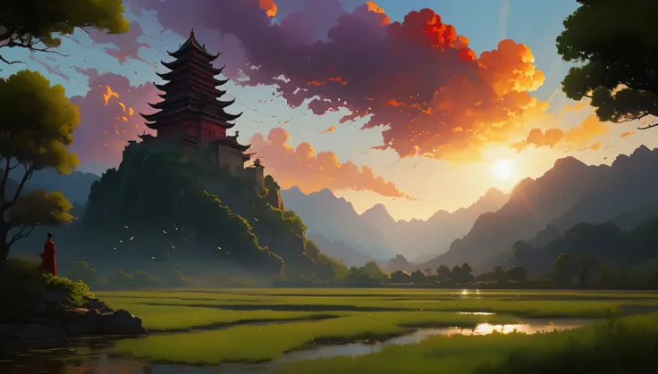 ((Chinese palace complex)), In the valley before sunset, sharp colors, Sunset, Movie lighting feel, long shadow, red long thatch, green tree, Black cumulonimbus clouds, Sunshine, king liam style, Peaceful and serene, 2D game art, Ultra HD graphics, Somber ...