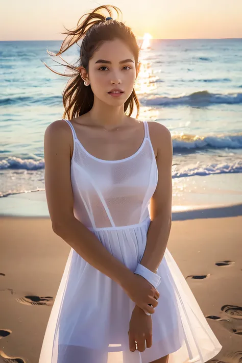 （best qualtiy，tmasterpiece：1.2），beautiful woman，sportrait，seethrough shift dresses，beachside，sunrise，seethrough white dress, white underwear silhoutte,Highly detailed facial and skin texture, upper body