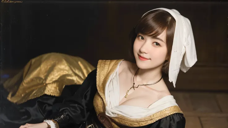 185 short hair, 20 year old female, gentle smile, (rembrandt style painting), (chest:1.46), long skirt
