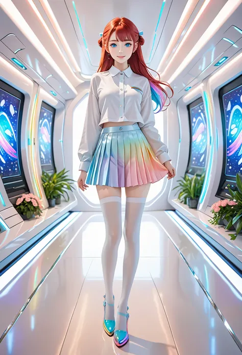 cute redhead, idol carving, With rainbow-colored hair tips, ribbon in her hair, 18 years old female, happy, Double tail, perfectly symmetrical eyes, clear shining blue eyes, pale skin, Skin is silky smooth, Standing on a luxury spaceship, Large futuristic ...