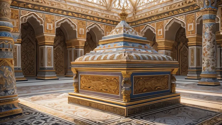 A small, marble tomb with intricate ceramic details. The tomb is exquisitely crafted with delicate patterns and designs. The marble has a smooth and polished surface, reflecting the surrounding light. The ceramics feature vibrant colors and intricate motif...