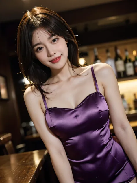 Smiling woman, in a bar, cum hair, hair, Masterpiece, 8k, raw photo, ultra realistic, highly detailed, UHD, Extreme close-up of cute Korean female, Chest size 32 inches, Medium hair, slightly smile, wearing sexy silk short dress, in the bar, night, blurred...