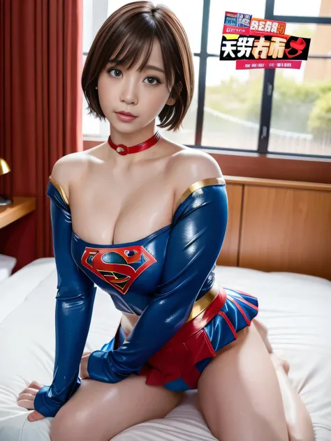 masterpiece、supergirl costume、short hair、barefoot、big and full breasts、Hotel、cum on the bed、sexy pose、athlete、shiny、looking at camera、Seduce、choker、long sleeve、red mini skirt、Weekly magazine cover、Sculpture Magazines、sweaty、radical、