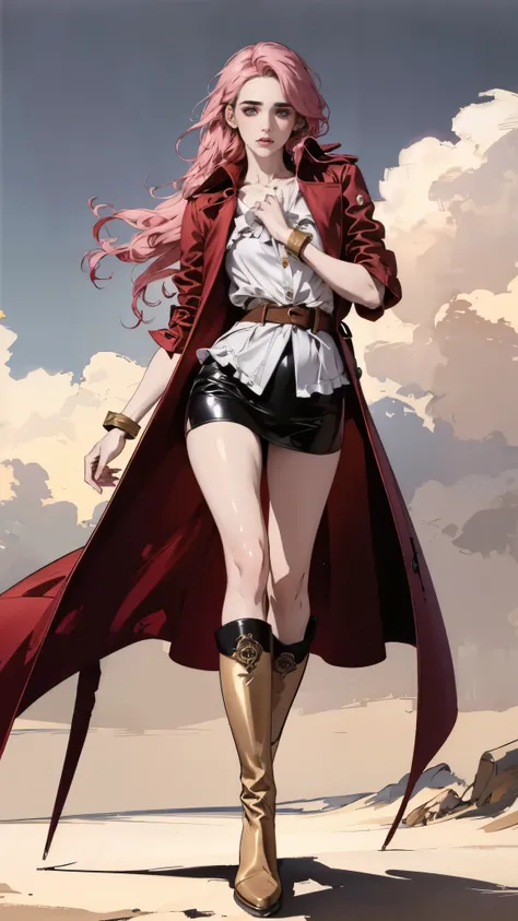 (A beautiful young girl with long curly pink hair, slender eyebrows, sparkling eyes, a bewildered expression, an oval-shapedl face with pale skin, a knee-length form-fitting leather trench coat with very short sleeves, she adorns both hands with metallic w...