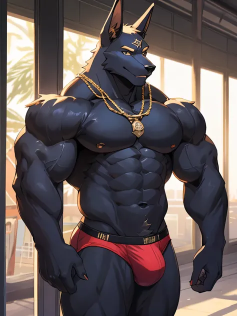 Anubian jackal, anubis, good looking, male, anthro, ultradetailed, muscular, solo, bareness, rippling muscles, muscles, bus station background, tail, smiling, big pecs, looking at viewer, jockstrap, bara,