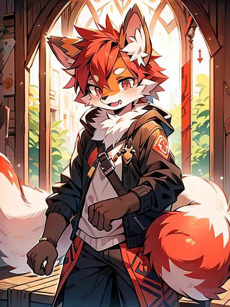 Rystal, Star Fox, Male, (A detailed), fluffly, Solo,  Meticulous and realistic, detailed eyes, (Reddish-orange-red pupils), ((Blood-red eyes)), Excellent quality, high detal, Detailed fur, ((The tail is in the right place) ，nakeness ，Covered in scars，small...