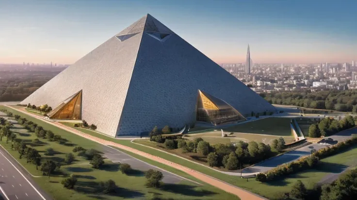 a large newly constructed building with new materials, pyramid shaped, nos arredores de uma cidade moderna. The base of the pyramid building is square, com cada lado medindo cerca de 230.4 metros. The height of the pyramidal building is 146. 6 metros. angl...