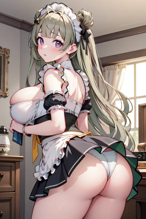 (((masterpiece))),(((High resolution)))、(((perfect face)))、(((Beauty)))、Bedroom、(((beautiful face)))、((((Maid clotheini skirt))、(embarrassed look)、(((looking at me)))、big breasts、Plump、panties、butt