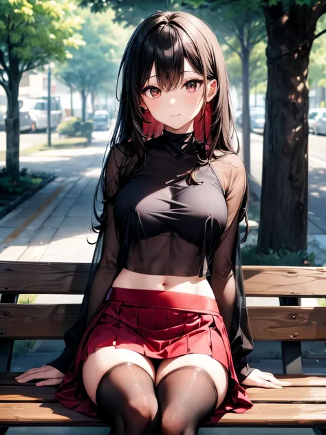 highest quality、one beautiful woman、beautiful big breasted woman、medium hair woman、(brown haired woman:1.3)、((A woman wearing a black see-through top:1.3))、(((woman wearing a red miniskirt:1.3)))、woman wearing black knee socks、street tree、sit on a bench