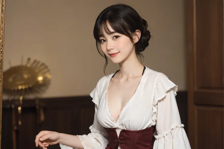 185 short hair, 20 year old female, gentle smile, (rembrandt style painting), (chest:1.46), long skirt
