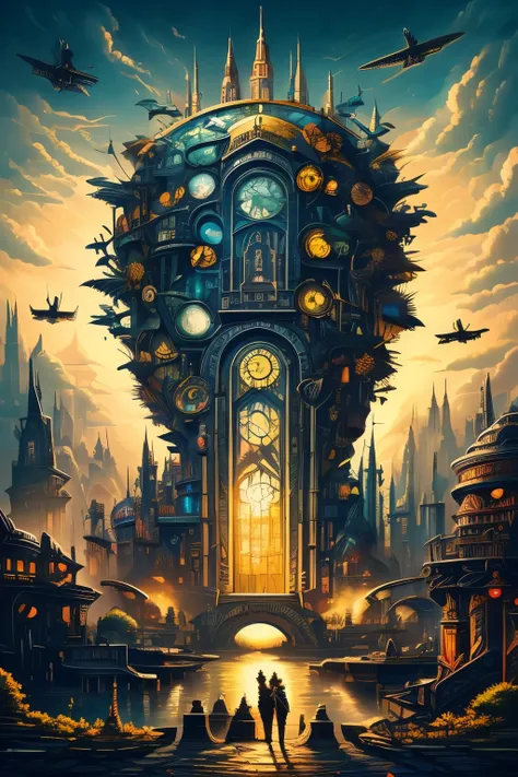 best quality, super fine, 16k, incredibly absurdres, extremely detailed, kaleidoscope of (cyberpunk:0.5), steampunk, dieselpunk, and clockpunk, with a beautiful Creator or Destruction Gods at its center, dark fantasy, BREAK , variety of visual styles that ...