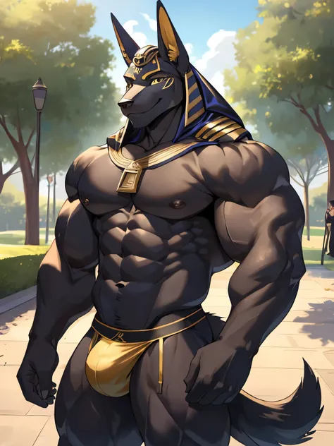 Anubian jackal, anubis, good looking, male, anthro, ultradetailed, muscular, solo, bareness, rippling muscles, muscles, park background, tail, smiling, big pecs, looking at viewer, jockstrap, bara, public