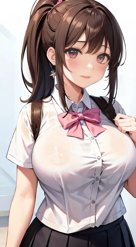 highest quality、high school girl、((droopy eyes))、light brown hair、expensiveボリュームのあるポニーテール、grated bangs、clothed big breasts、(broad shoulders)、short sleeve shirt、high school summer clothes、(((pink nails)))、expensive、elegance、smile、glossy lips、earrings、skirt