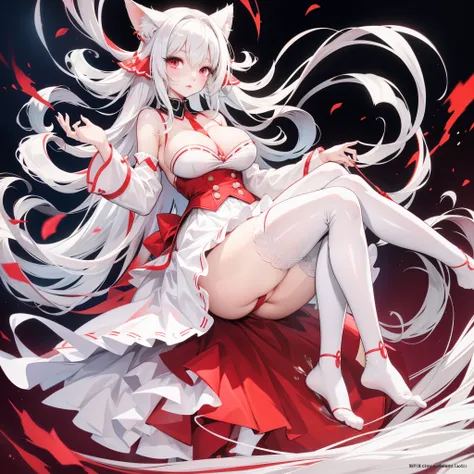 Long head and white hair，cute，red eyes，The cat has low ears，blush，running water，Make a sound，panting，loli，White，spread legs，The skirt is pulled up，leakage