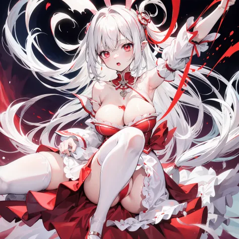 Long head and white hair，cute，red eyes，The cat has low ears，blush，running water，Make a sound，panting，loli，White，spread legs，The skirt is pulled up，leakage