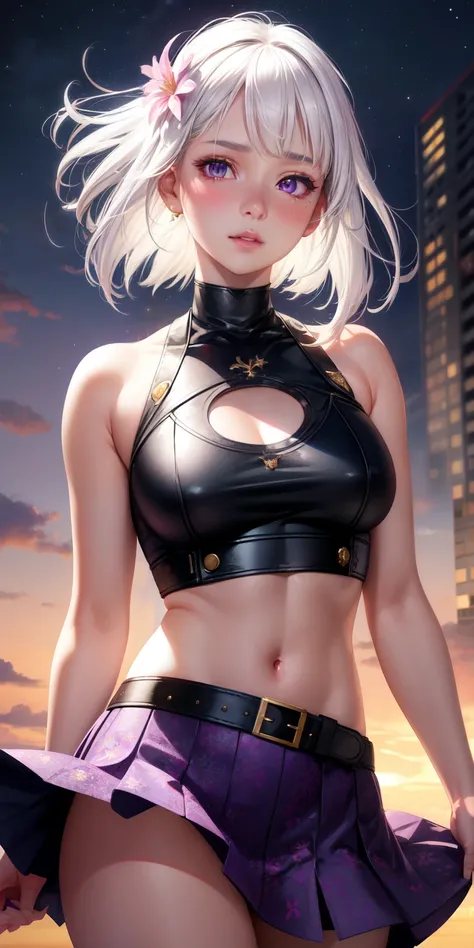 realistic, 1girl, white hair, purple eyes, glowing eyes, crop top, skirt, parted lips, blush, night, flowers, sun, sunlight,