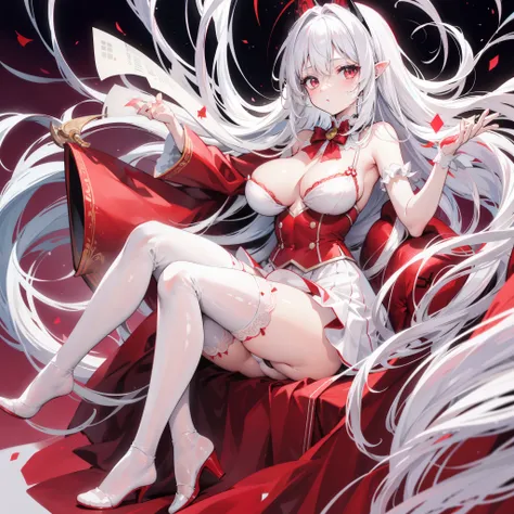 Long head and white hair，cute，red eyes，The cat has low ears，blush，running water，Make a sound，panting，loli，White，spread legs，The skirt is pulled up，leakage