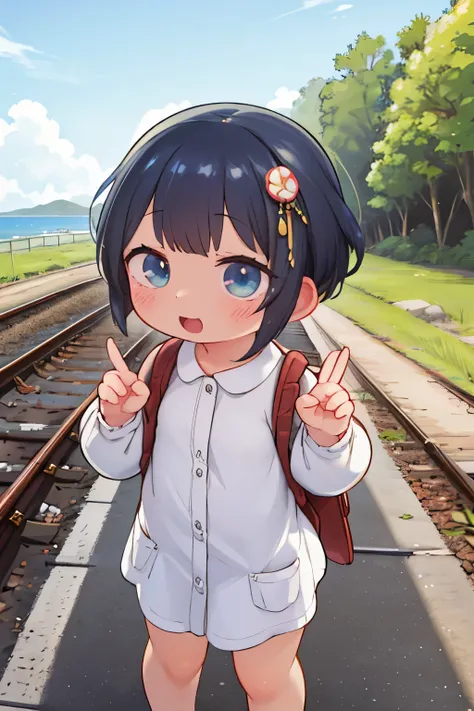 bustup、morning、Girl walking on a path parallel to the railroad tracks、Raising the right hand、Vigorous、You can see the sea in the background, I see the train、（ hair adornments、Floral hair ornament）、 masutepiece, Anatomically correct、A smile, radiant light、S...