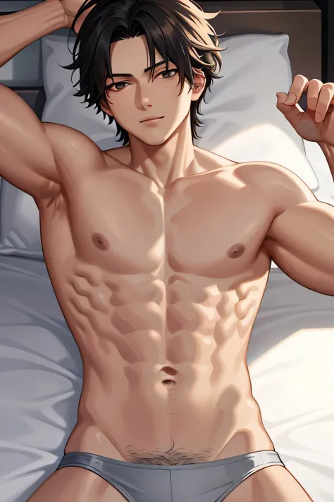 Masterpiece, Best quality, High quality, 1boy, Solo, Male Shirtless, showing his muscle, view the viewer, lying on bed, yami