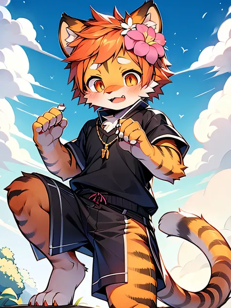 tiger ears, tiger girl, tiger tail, hair flower, hair adornments, orange eyes, orange hair, short hair, tail,  blushing and shy，...