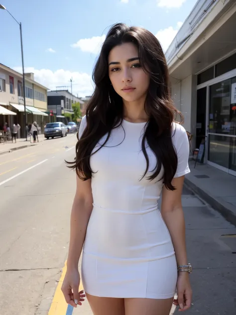 "((obra de arte)), Melhor qualidade, vestido vitoriano sensual, a feliz e elegante Lauren Jauregui passeando por uma cidade animada, plano amplo, exciting scenery in the background, luz dourada, sombras suaves."