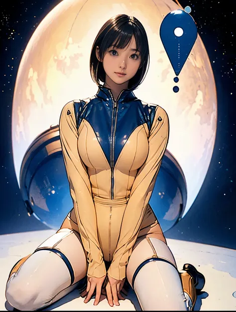 (masterpiece、best quality、Highest resolution、Clear_image、detailed details): (full body picture、15 year old girl、Japanese face、small face、thin、Navy blue super short bob、blue eyes、Blue and Black Shiny Aviator Suit、Armor that protects the chest、tight clothes、...